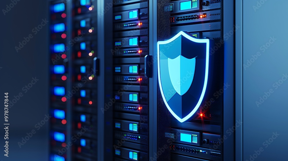 Poster modern server room with glowing security shield symbol, representing advanced data protection and cy