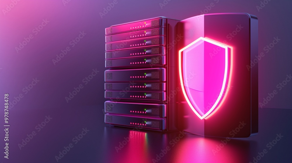 Poster modern server with a glowing shield symbolizing advanced cybersecurity and data protection in a digi