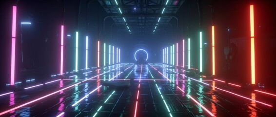 A futuristic corridor illuminated with vibrant neon lights, with reflective floor that creates a sci-fi tunnel effect. Modern architecture and colorful lighting evoke a sense of advanced technology.
