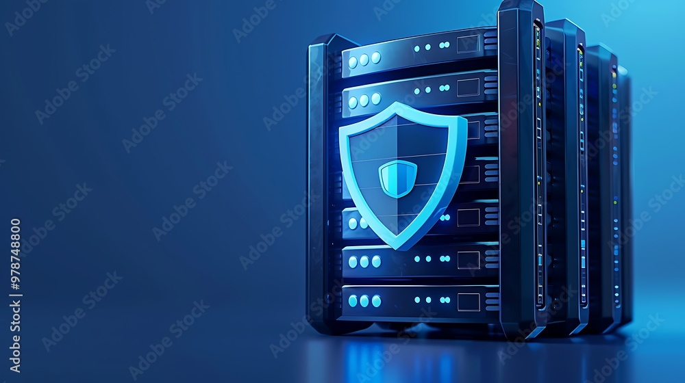 Poster modern server with a security shield symbolizing data protection and cybersecurity technology in a d