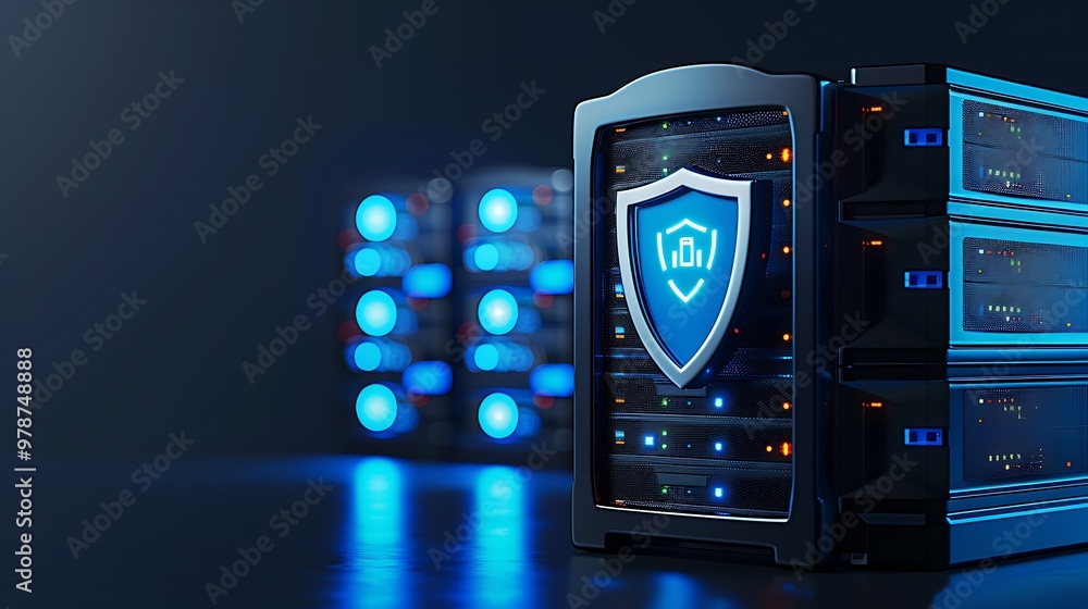 Poster modern server with a shield icon, representing digital security and data protection in a sophisticat