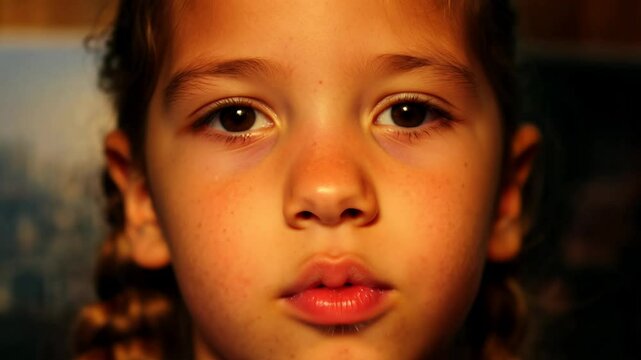 Static video of a teenage girl with freckles transitioning from nervousness to excitement under warm, intimate lighting.