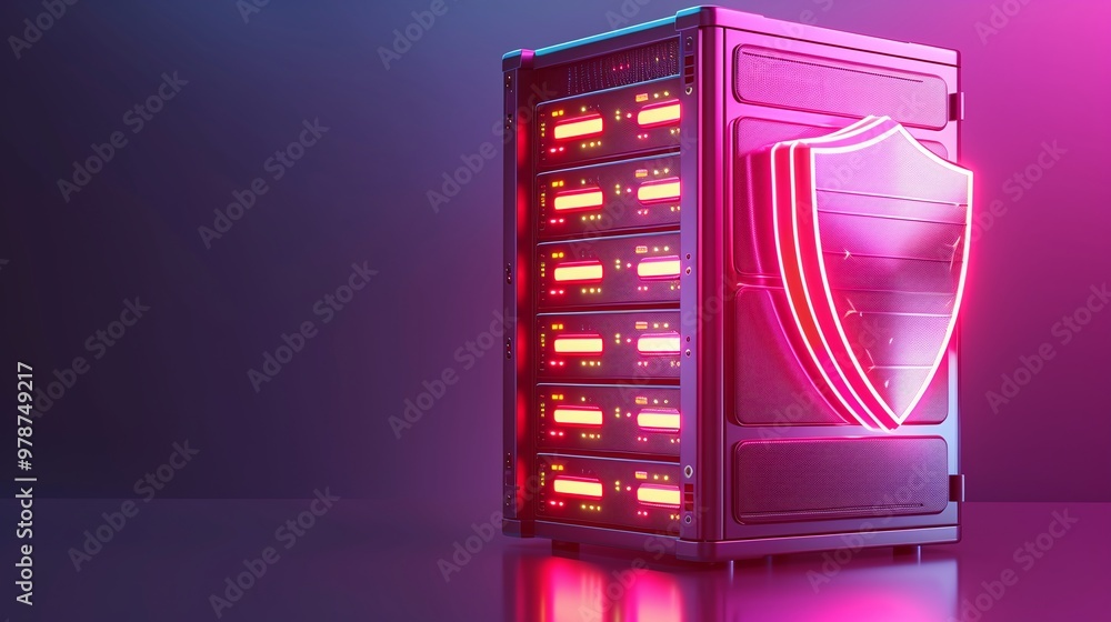 Poster modern server with glowing lights and a shield symbolizing data security and protection against cybe