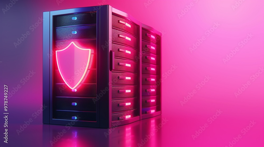 Poster modern server with neon shield, representing cybersecurity and data protection in a vibrant digital 