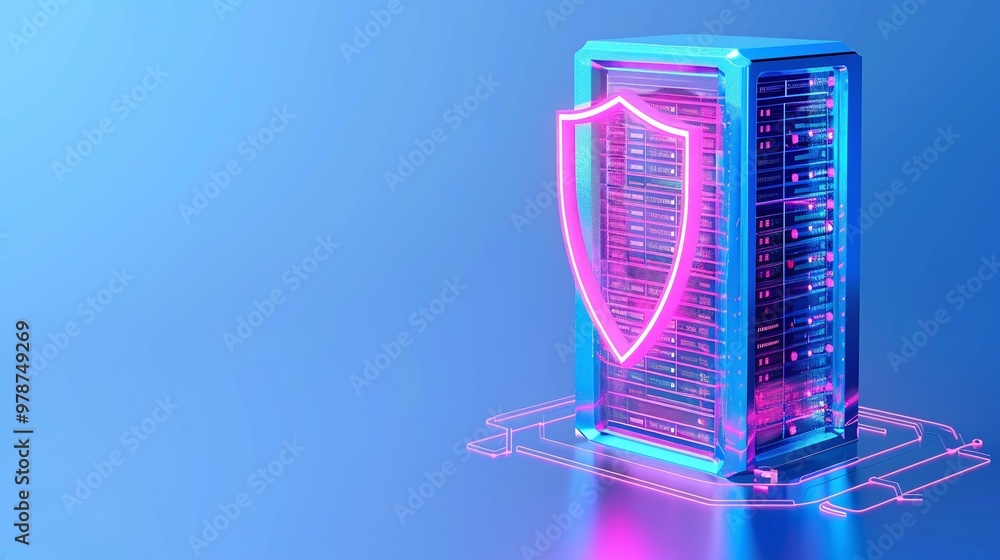 Poster modern server with neon shield, illustrating cybersecurity and data protection in a digital environm