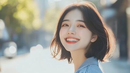 Beautiful and happy young Asian woman with brown hair standing outdoors looking at the camera