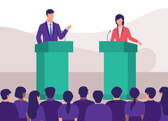 Male And Female Presidential Candidates Debating On Stage In Front Of A Group Of Supporter.