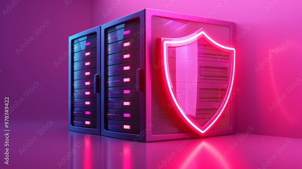 Poster modern server with neon shield symbolizing cybersecurity and data protection, enhancing digital safe