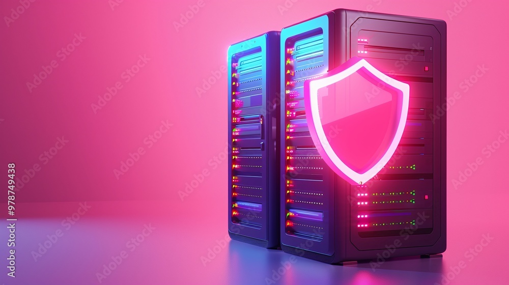 Poster modern server with neon shield, symbolizing data security and protection in technology and digital i