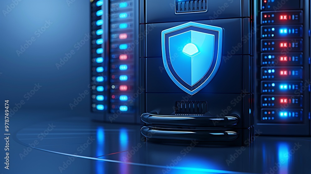 Poster modern server with security shield, showcasing advanced technology and network protection in a dynam