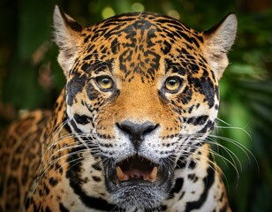Obraz premium front view of ferocious looking Jaguar animal looking at the camera with mouth open