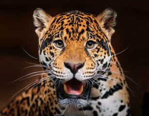 Obraz premium front view of ferocious looking Jaguar animal looking at the camera with mouth open