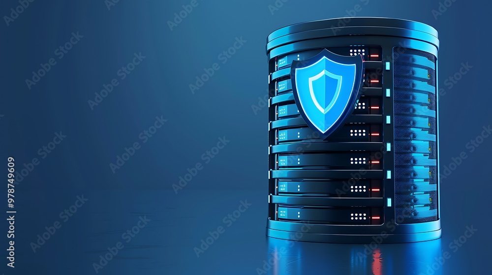 Poster modern server with security shield symbol, representing data protection and cybersecurity in a digit