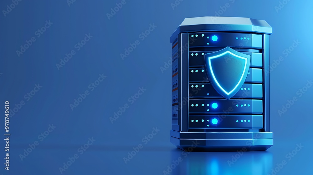 Poster modern server with security shield, ideal for technology and data protection concepts in digital env