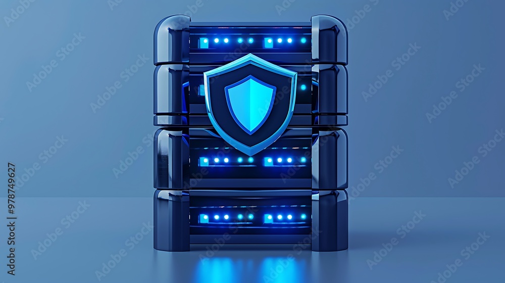 Poster modern server with shield symbol, representing data security and protection in a digital environment