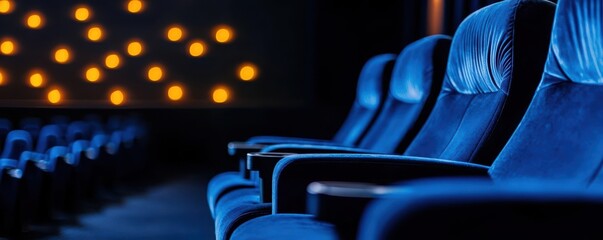 Empty cinema seats in a modern movie theater, offering a captivating view of the ambient lighting and stylish design.