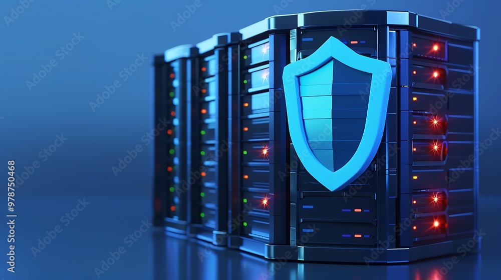 Poster secure data server with a digital shield, representing data protection and cybersecurity in a modern