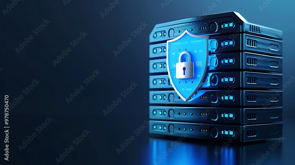 Poster secure data server with a digital shield icon, symbolizing cybersecurity and protection for sensitiv