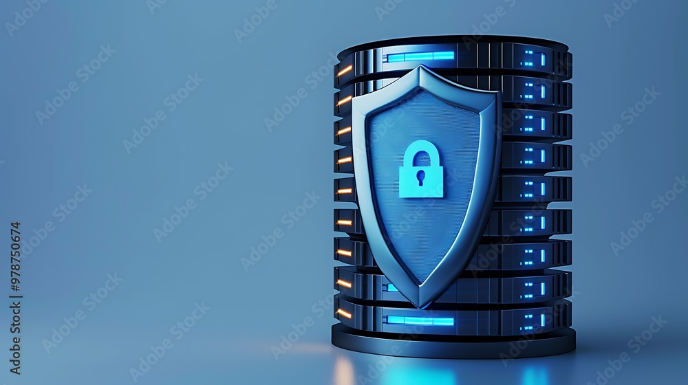 Poster secure data storage concept featuring a database with a shield symbolizing protection and cybersecur