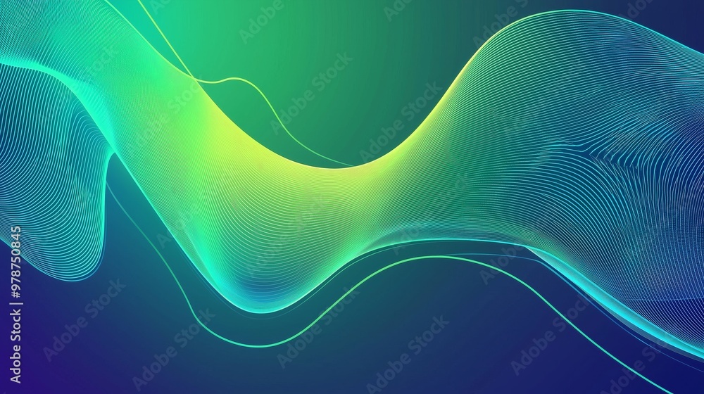 Poster a vibrant abstract wave design with smooth gradients and a dynamic flow of colors in green and blue.