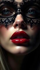 A woman exudes mystery with a lace mask and striking red lips in dim lighting