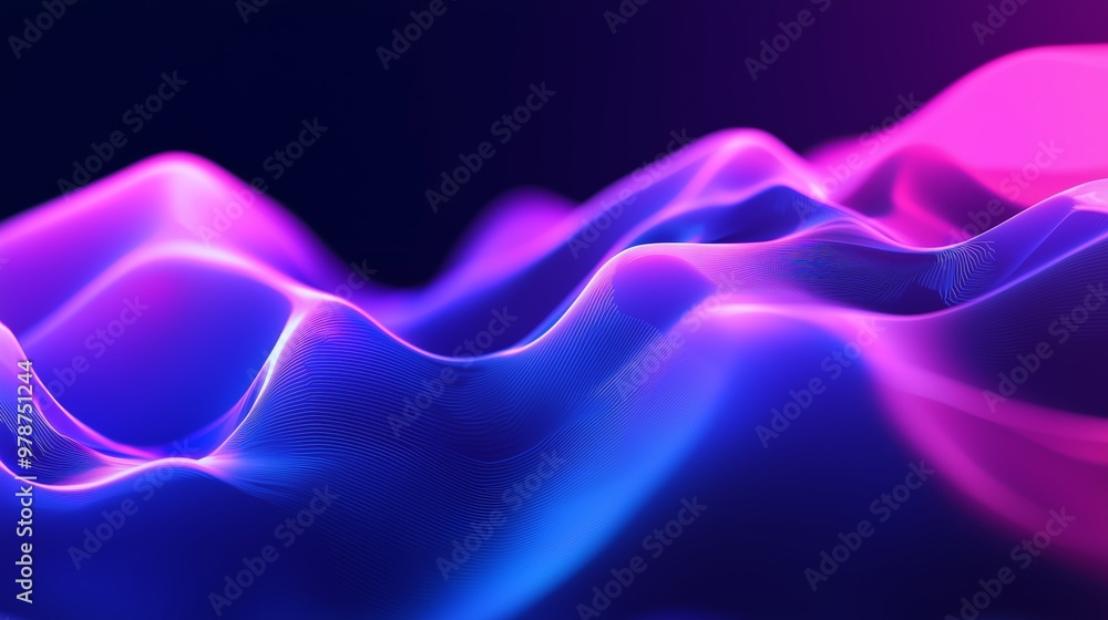 Poster a mesmerizing abstract wave pattern illuminated in vibrant purple and blue tones, creating a sense o