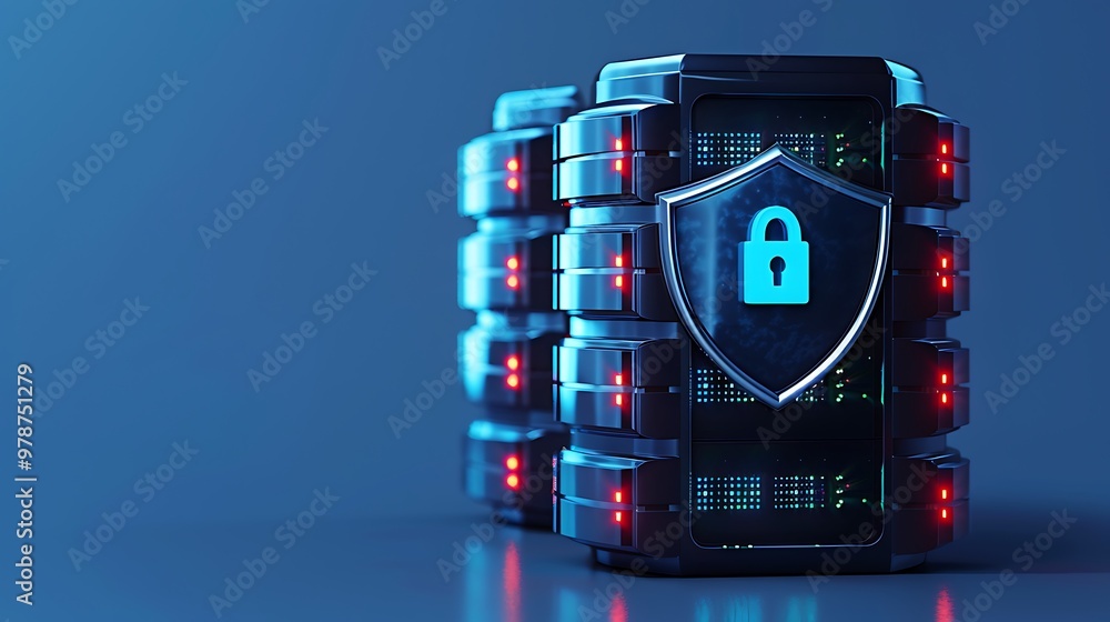 Poster secure server technology featuring a shield and lock symbol, representing data protection in a digit