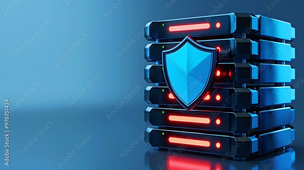 Poster secure server technology with protective shield and glowing indicators, symbolizing data safety and 