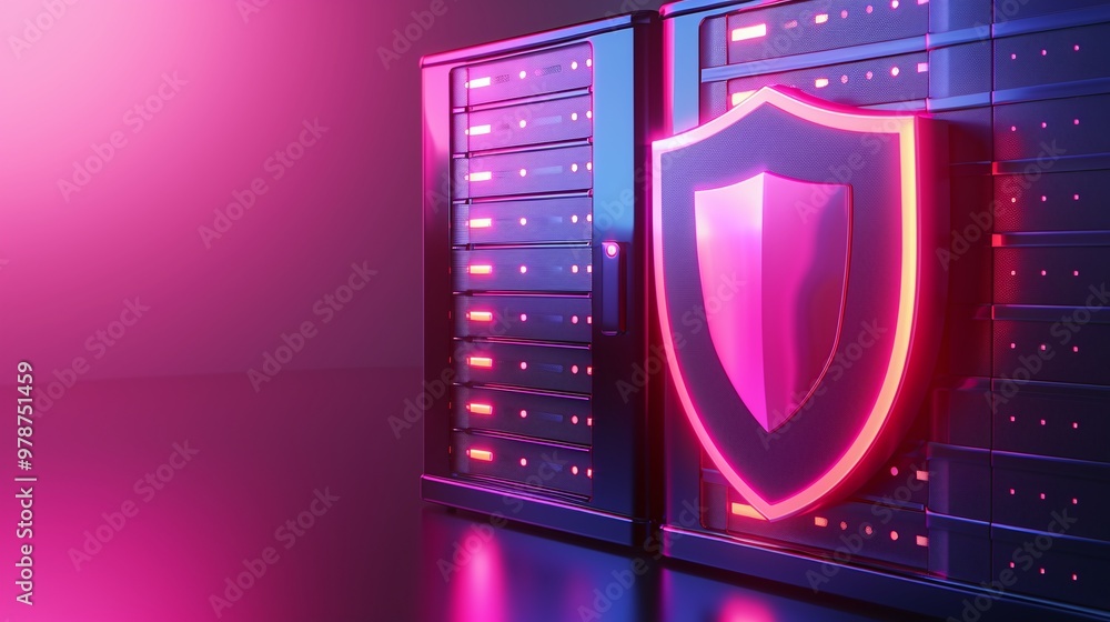 Poster secure server with neon shield, symbolizing digital protection and cybersecurity for data and inform