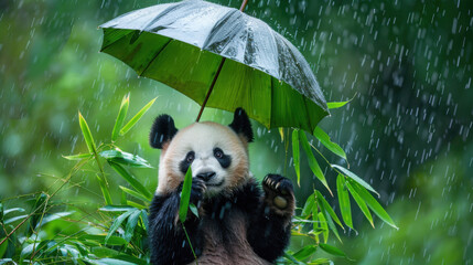 Obraz premium Adorable panda tilts in bamboo forest, clutching a leaf as an umbrella, symbolizing human-nature harmony amidst rain.