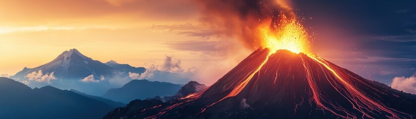 Majestic volcano erupting with vibrant lava against a dramatic sky, showcasing nature's raw power and beauty at sunset.