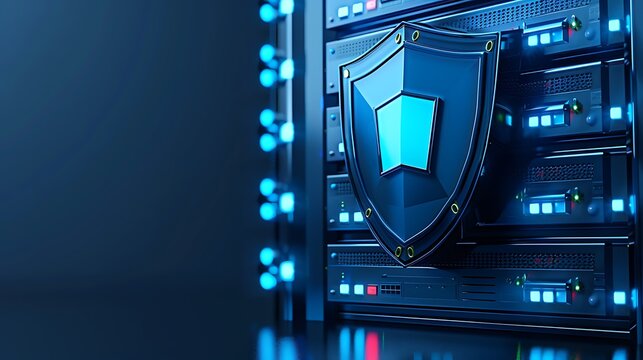 Secure server with shield icon, representing data protection and cybersecurity in a modern technology environment.