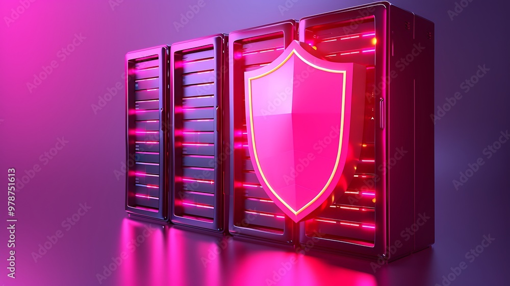 Poster sleek data server with a glowing shield symbolizing security and protection against cyber threats in