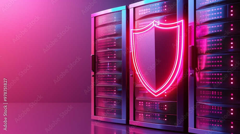 Poster stylish data center with neon shield symbolizing cybersecurity and protection in a vibrant digital e