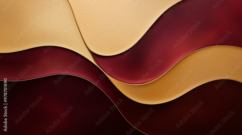 Poster an abstract composition of smooth, flowing curves in warm tones of red and gold, creating a harmonio
