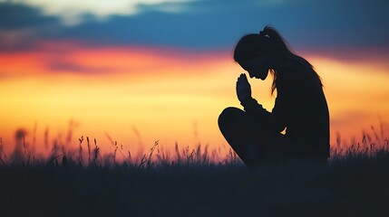 Christian Woman Sitting Down in Prayer Silhouette. A silhouette of a young Christian woman is bowing her head in prayer, and desperation outside during sunset.