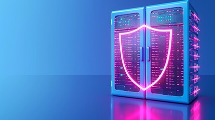 Fototapeta premium Stylish data server with neon shield symbol representing advanced cybersecurity and data protection technology.