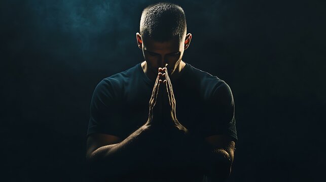 God, worship and man with hands praying for help, hope and guidance in dark studio. Pray, thank you and Christian male in prayer for hope, gratitude and holy praise, faith or blessing to Jesus