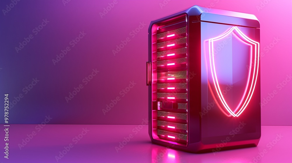 Poster stylish data storage unit with neon shield design, representing high-tech security and modern techno