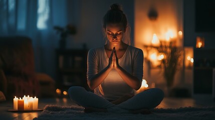 Night, worship and prayer in home with woman meditate for spiritual faith, hope and gratitude. Girl, praying and practice mindfulness or thank you god, Jesus and Christian trust in spirituality.
