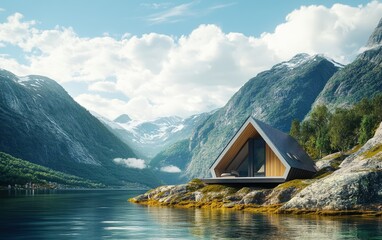 Fototapeta premium House in norway among mountains and fjords. Sunny day futuristic and hi-tech design of a small modern house. advertising photo. 