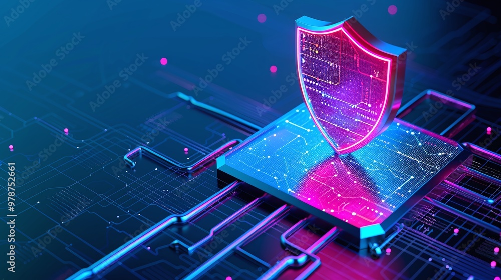 Poster stylish digital shield symbolizing cybersecurity, set against a vibrant technological background wit