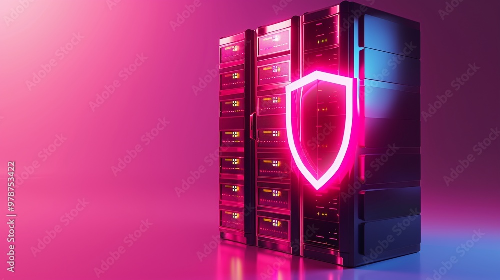 Poster stylish server rack with glowing shield symbol representing data security in modern technology.