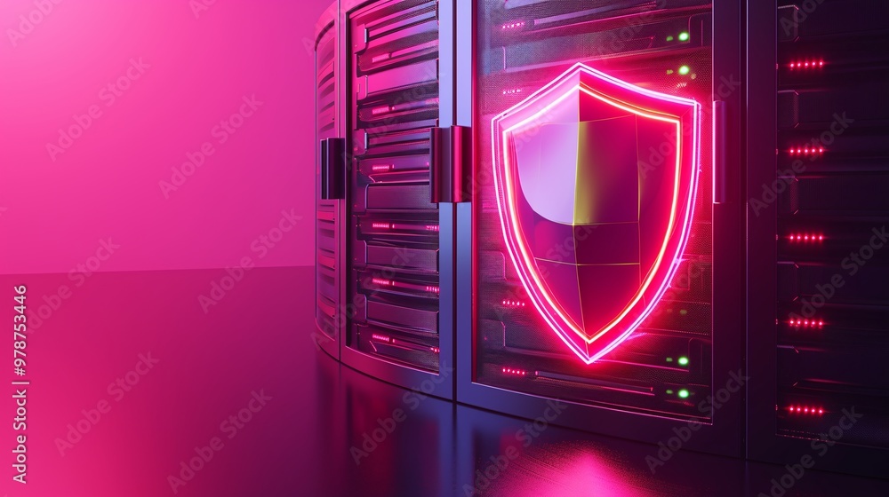 Poster stylish server rack with neon shield icon, symbolizing cybersecurity and data protection in a modern