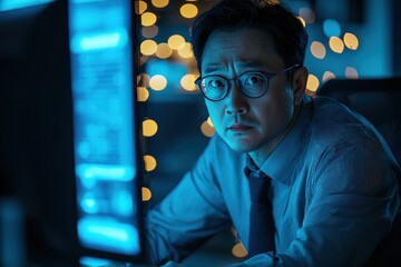 Man working late at night on glowing computer in dimly lit office