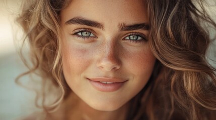 Obraz premium A sexy portrait of a woman with tousled hair, looking directly into the camera with a captivating smile