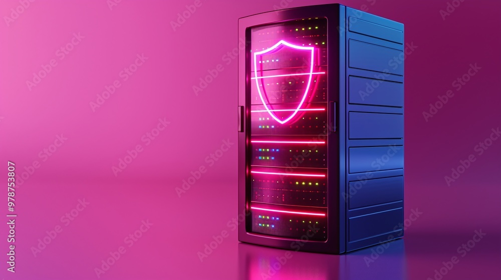 Poster stylish server with neon lights and shield icon, representing data security and modern technology in