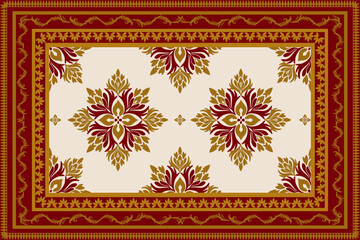 Classic damask ethnic geometric pattern samless gold and red on a light gray background. Native thai fabric, tiles, rugs, shirts	
