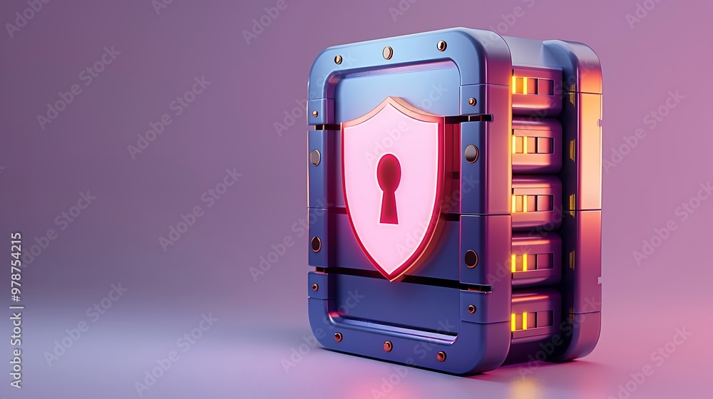 Poster stylized digital lockbox with shield symbol and glowing elements, representing cybersecurity and dat