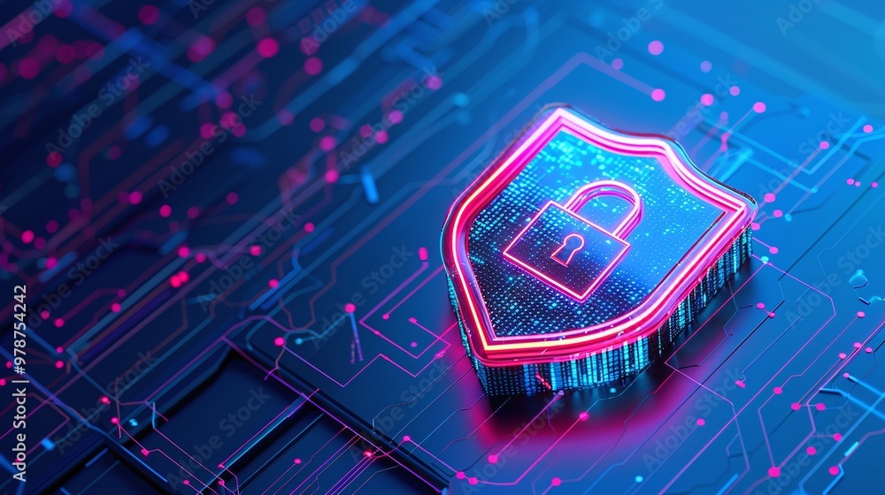 Poster stylized digital shield icon representing cybersecurity with lock symbol on futuristic circuit backg